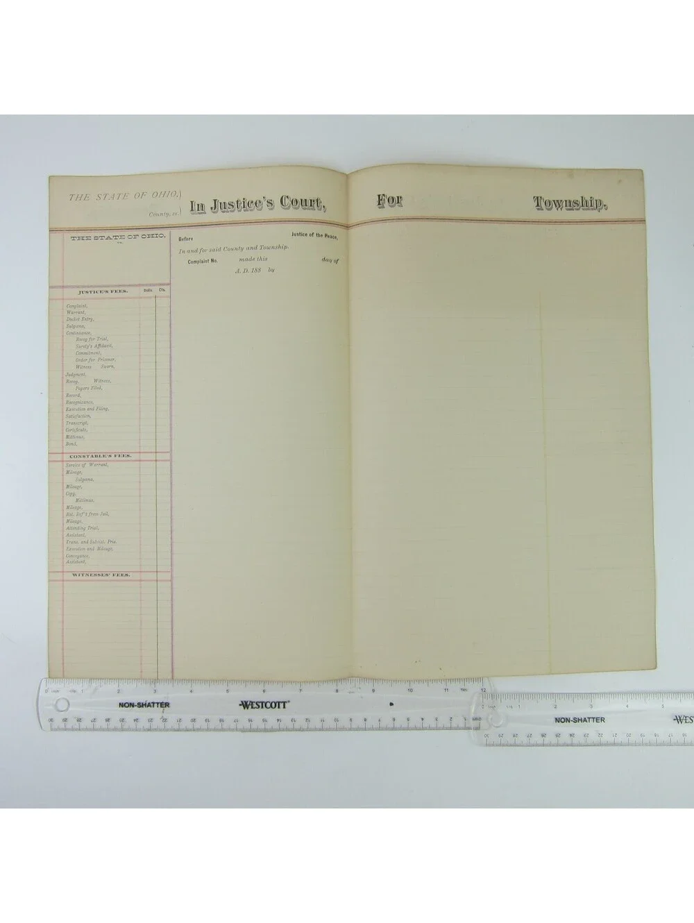 1880s Ohio Court Record Form Blank Justice, Constable, Witness Fees Antique RARE